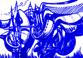 Abstract hand drawn futuristic forms. Fantastic dreams of blue curves, lines and shapes.