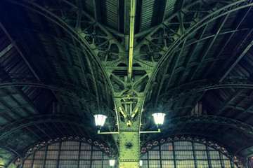 Fragment of roof construction the city railway station Vitebsky. Vaulted structure of steel roof...