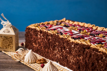Delicious Chocolate cake with banana, walnut, meringue