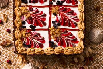 Delicious Chocolate cake with banana, walnut, meringue