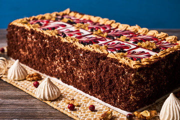 Delicious Chocolate cake with banana, walnut, meringue