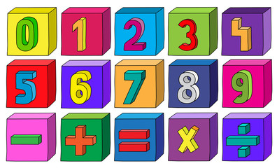 Colorful numbers from 1 to 9 with mathematical operations on blocks