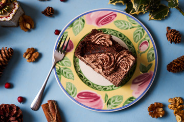 Slice of chocolate cake with custard cream
