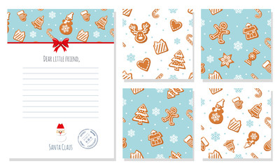 Fototapeta na wymiar Christmas design elements set. Letter from Santa Claus template and seamless patterns with gingerbread cookies.