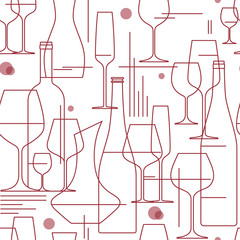 Seamless background with wine glasses and bottles. Design element for tasting, menu, wine list, winery, shop. Line style. Vector illustration. - 182628413
