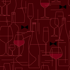 Seamless background with wine glasses and bottles. Design element for tasting, menu, wine list, winery, shop. Line style. Vector illustration.