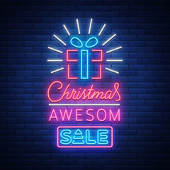 Christmas festive sale of a poster in a neon style. Vector discount card, neon sign, bright banner, luminous sign, neon night advertising, Xmas discount sale