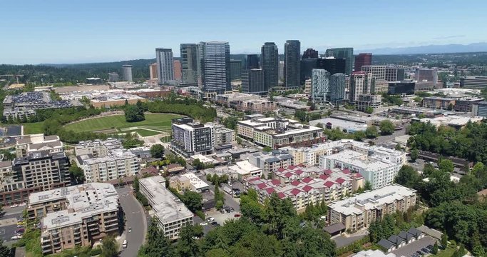 Aerial Flight Towards Bellevue Washington Downtown Skyline