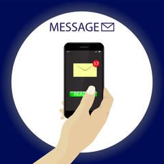 White skin Hand with smartphone reading message.