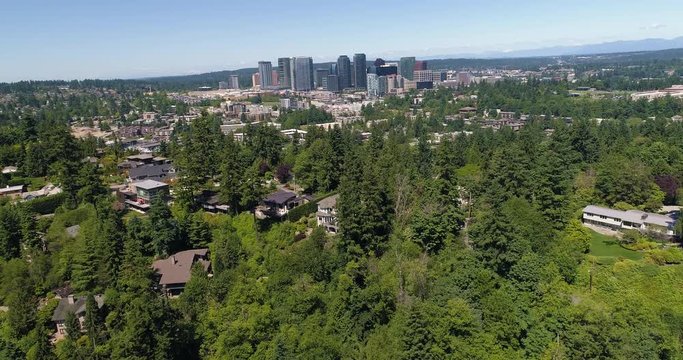 Aerial Overview Reveal Bellevue Washington USA City Downtown Skyline