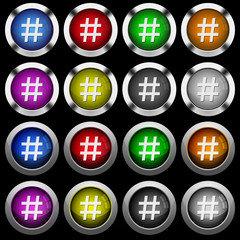 Hash tag white icons in round glossy buttons on black background