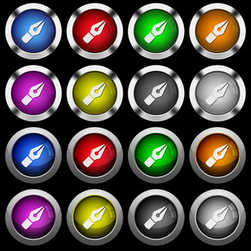 Vector pen white icons in round glossy buttons on black background