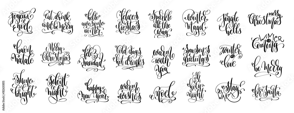 Wall mural set of 25 hand lettering inscription to winter holiday design