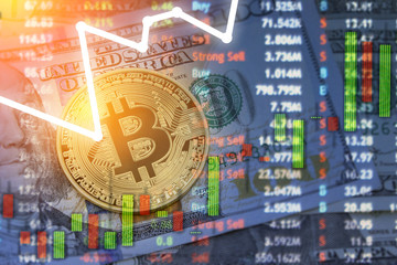 Bitcoin and dollar.  BTC market symbol cryptocurrency rising above the united states dollar.  Gold metal bitcoin on top of paper currency.  Copy space for text and wording.