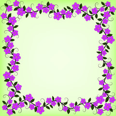 Frame of flowers on a branch. Spring flowers. Sketch, template, frame. Flowers of cherries. Summer, spring background. Green background, pink flowers. Vector EPS 10