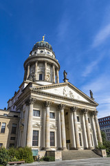 Exterior view of Franzosische Dom (German for French Church) at Gendarmenmarkt square in Mitte district in Berlin, Germany