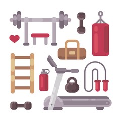 Set of gym equipment icons. Sport and fitness objects flat illustration