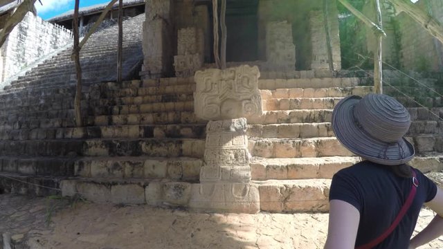 Gimbal shot of woman tourist at Ek Balam Mayn Ruins