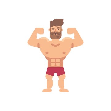 Young muscular bearded man flat illustration. Fitness flat character