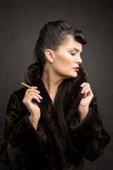 Naklejka premium Beautiful lady with cigarette in fur coat. Cyberpunk theme. 