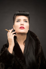 Beautiful lady with cigarette in fur coat. Cyberpunk theme.  