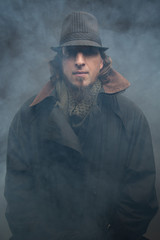 Man with goat beard and hat in smoke