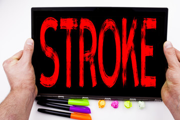 Stroke text written on tablet, computer in the office with marker, pen, stationery. Business...