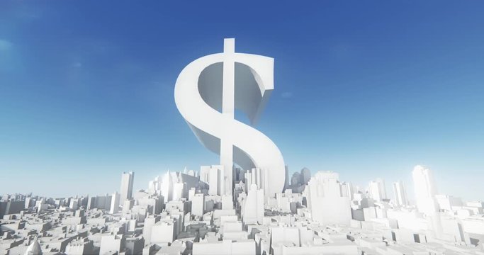 4k Dollar symbol & abstract urban business construction,3D Virtual Geometric City Office Buildings,aerial view of NewYork,web tech.