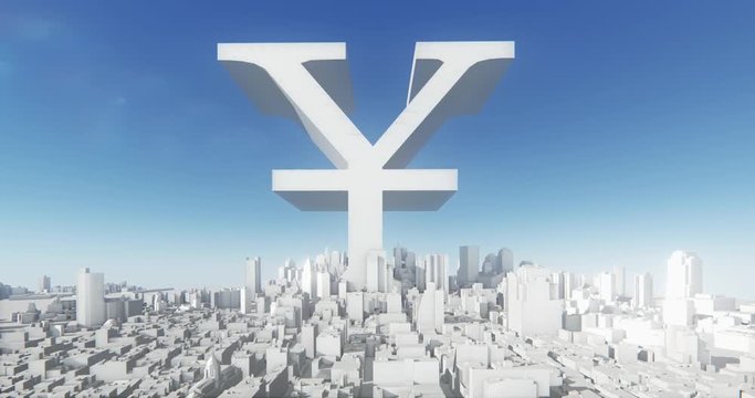 4k RMB symbol & abstract urban business construction,3D Virtual Geometric City Office Buildings,aerial view of NewYork,web tech.