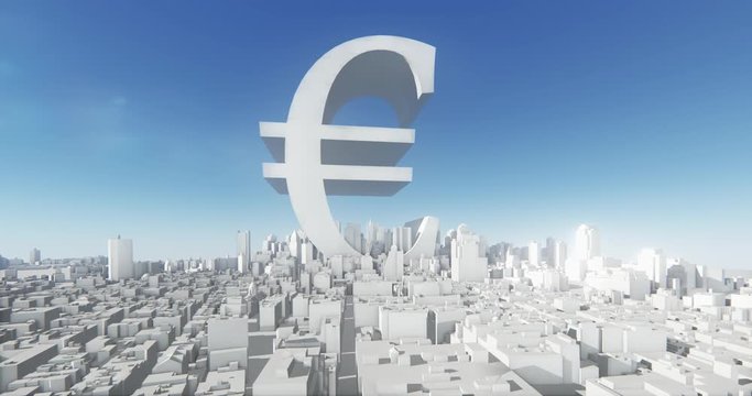 4k eur symbol & abstract urban business construction,3D Virtual Geometric City Office Buildings,aerial view of NewYork,web tech.
