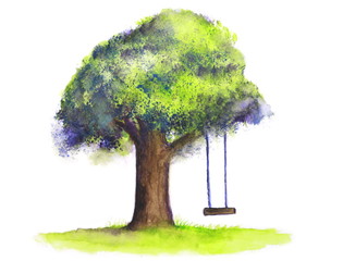 watercolor tree swing on white background