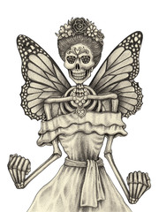 Obraz premium Art Design Surreal Fairy Skull. Hand pencil drawing on paper.