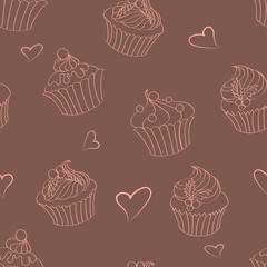 Seamless pattern of outlines delicious Christmas cupcakes