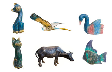 collection Many animals toy is made of wood. isolated on white background.
