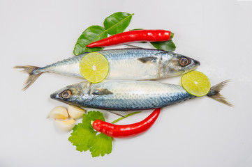 Fresh saba fish and Spicy soup isolated on white background