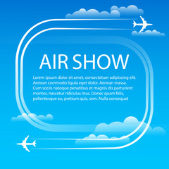 Air show. Manoeuvres two military fighters. The aircrafts leave white plumes smoke in the blue sky. Aerobatics. Banner for the airshow. Vector illustration