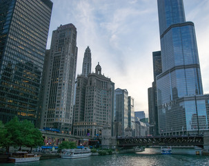 Chicago downtown skyline at sunset from the river