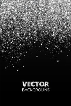 Falling glitter confetti. Vector silver dust, explosion on black background. Sparkling glitter border, festive frame.