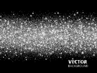 Sparkling glitter border on black background. Silver rectangle of glitter confetti, vector dust. 