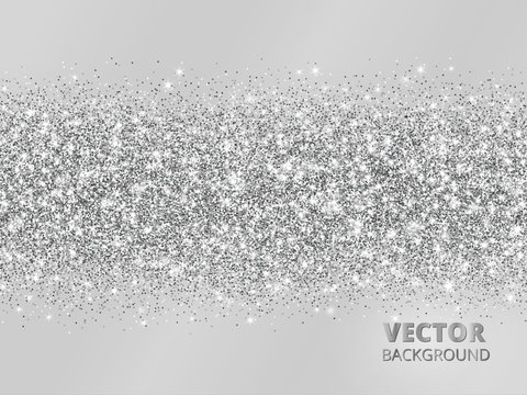 Sparkling glitter border on grey background. Silver rectangle of glitter confetti, vector dust