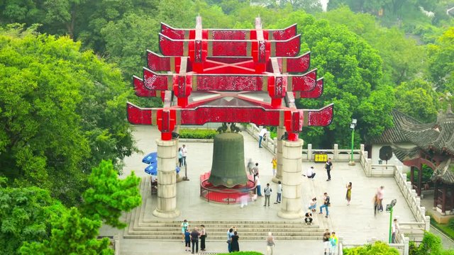 day wuhan famous yellow crane rooftop red gate bell park panorama 4k timelapse china
