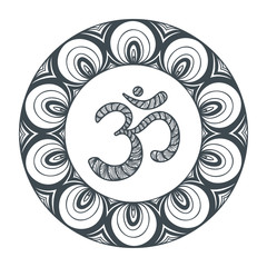 Om symbol with hand drawn mandala. Oriental decorative ornament  can be used for greeting card, wedding invitation, yoga poster, coloring book.