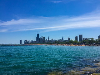 Chicago skyline and beach view from Lake Michigan 