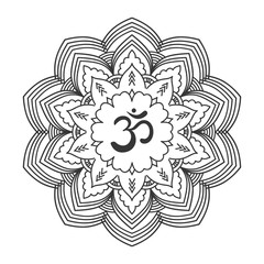Om symbol with hand drawn mandala. Oriental decorative ornament  can be used for greeting card, wedding invitation, yoga poster, coloring book.