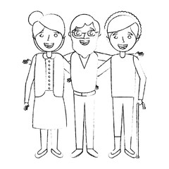 old man with women grandparents embraced together smiling sketch vector illustration