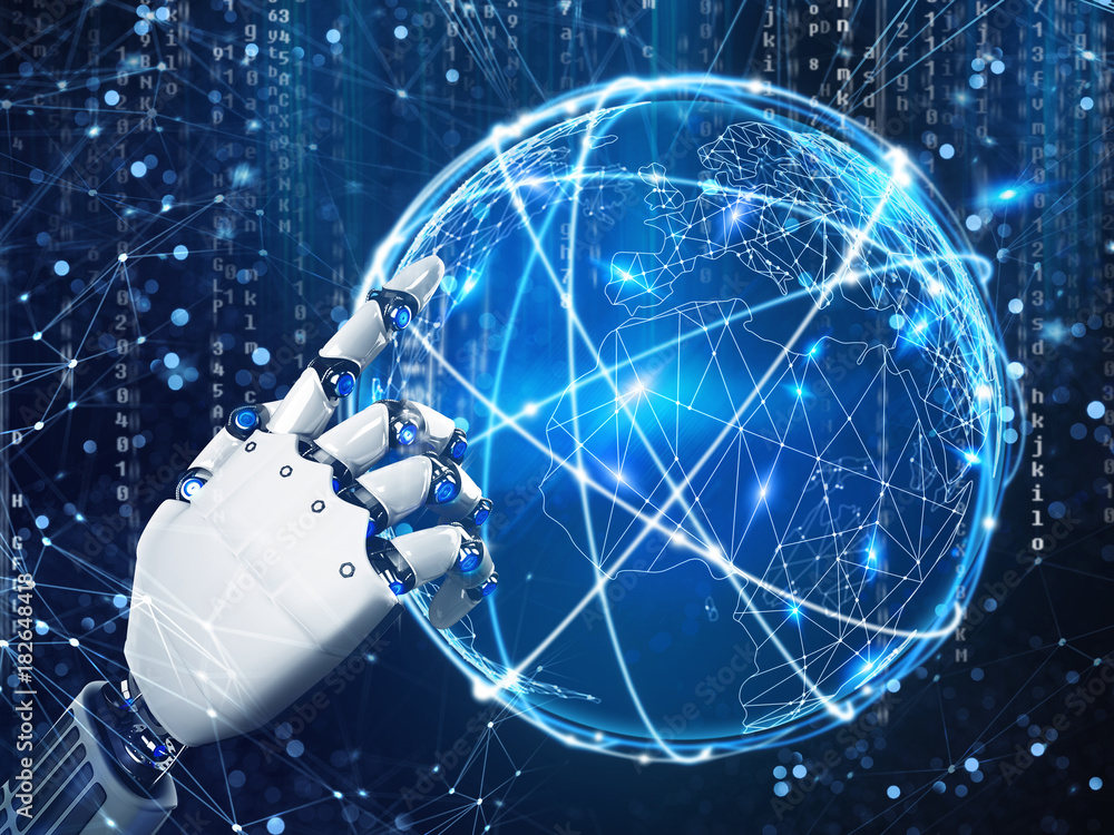Poster future vision of a robot hand.3d rendering