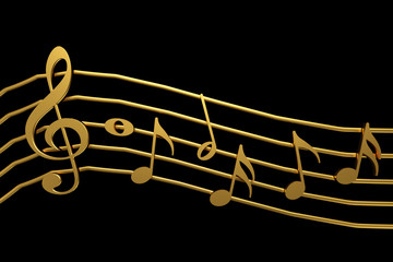 Golden treble clef and music notation. 3D rendering.