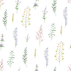 Watercolor seamless pattern of branches and leaves isolated on a white background.