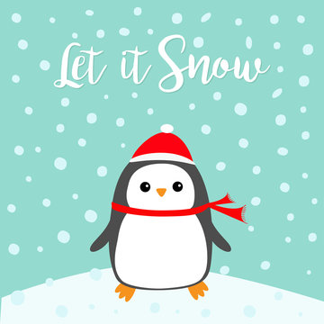 Let it snow. Kawaii Penguin bird on snowdrift. Red Santa Claus hat, scarf. Cute cartoon baby character. Merry Christmas. Flat design Winter blue background with snow flake. Greeting card.