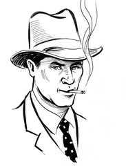 Retro styled man in hat and suit smoking a cigarette. Black and white ink illustration.